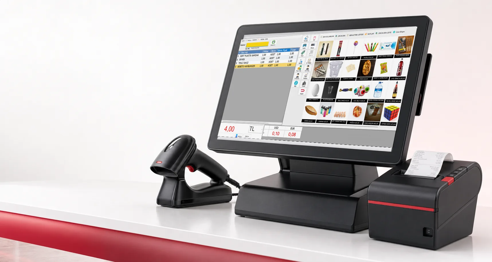 Crimson Barkod Sistemi satış ekranı açık olan dokunmatik POS bilgisayar, barkod okuyucu ve fiş yazıcı mockup